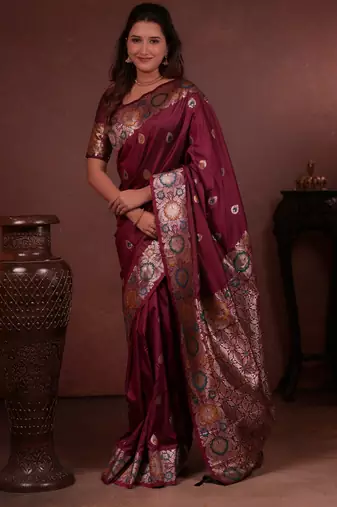 wine floral, zari woven faux kanjivaram saree with blouse