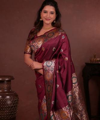 wine floral, zari woven faux kanjivaram saree with blouse 4
