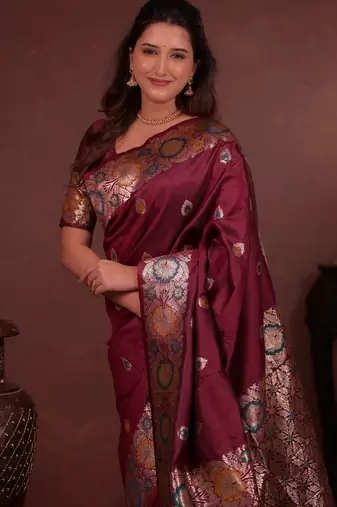 wine floral, zari woven faux kanjivaram saree with blouse