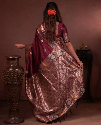 wine floral, zari woven faux kanjivaram saree with blouse 5