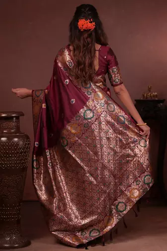 wine floral, zari woven faux kanjivaram saree with blouse