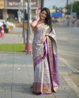 Sea green floral, zari woven kanjivaram silk saree with blouse 1