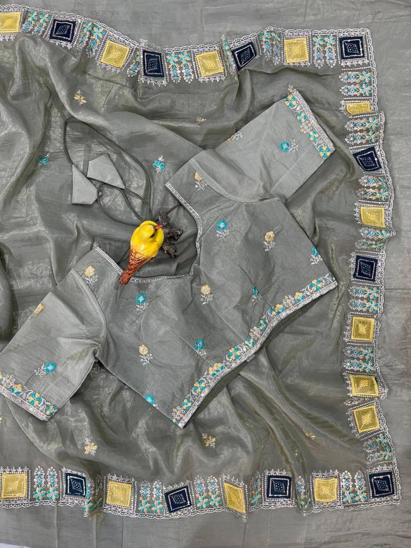 Olive Color Embroidery and Cuteork Border Work Silk Saree..