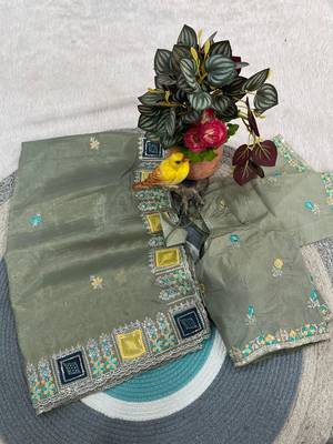 Olive Color Embroidery and Cuteork Border Work Silk Saree.. 1