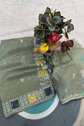 Olive Color Embroidery and Cuteork Border Work Silk Saree..