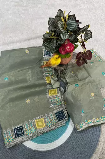 Olive Color Embroidery and Cuteork Border Work Silk Saree..