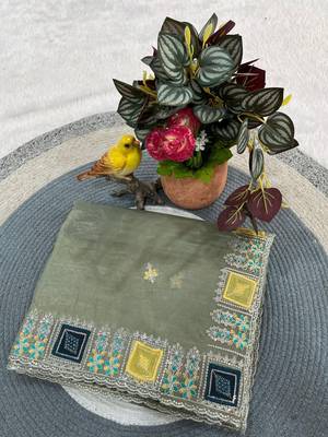 Olive Color Embroidery and Cuteork Border Work Silk Saree.. 4