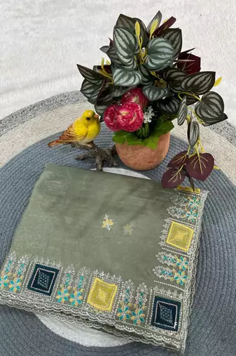 Olive Color Embroidery and Cuteork Border Work Silk Saree..
