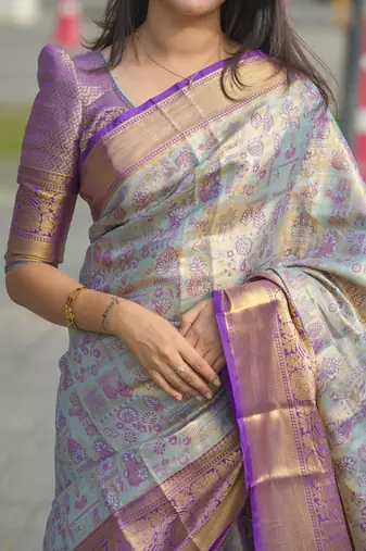 Sea green floral, zari woven kanjivaram silk saree with blouse