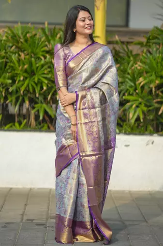Sea green floral, zari woven kanjivaram silk saree with blouse