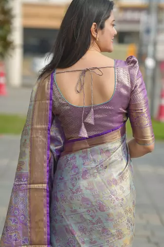 Sea green floral, zari woven kanjivaram silk saree with blouse