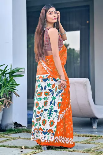 Orange block print soft pure cotton saree with blouse.