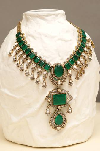 Gold plated kundan green stones necklace set