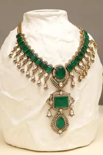 Gold plated kundan green stones necklace set