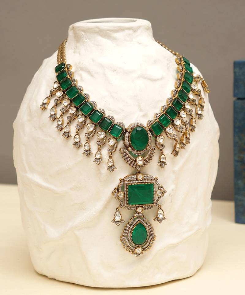Gold plated kundan green stones necklace set