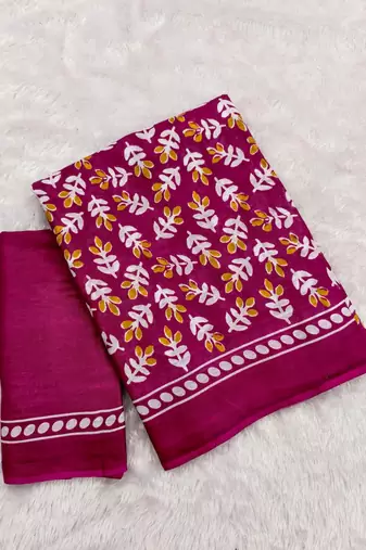 Pink floral print mulmul cotton saree with blouse.