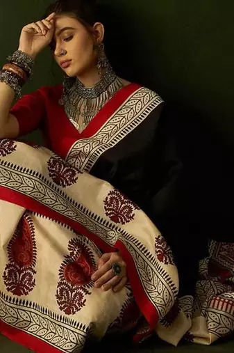 Black floral, paisely print soft pure cotton saree with blouse.