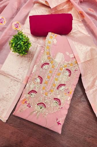 Pink banarasi cotton woven unstitched dress material