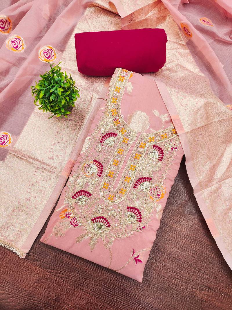 Pink banarasi cotton woven unstitched dress material