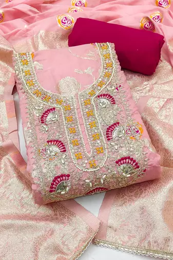 Pink banarasi cotton woven unstitched dress material