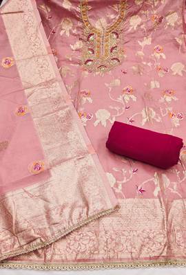 Pink banarasi cotton woven unstitched dress material 3