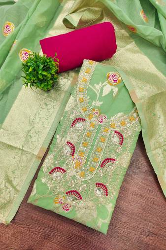 Mint banarasi cotton woven unstitched dress material