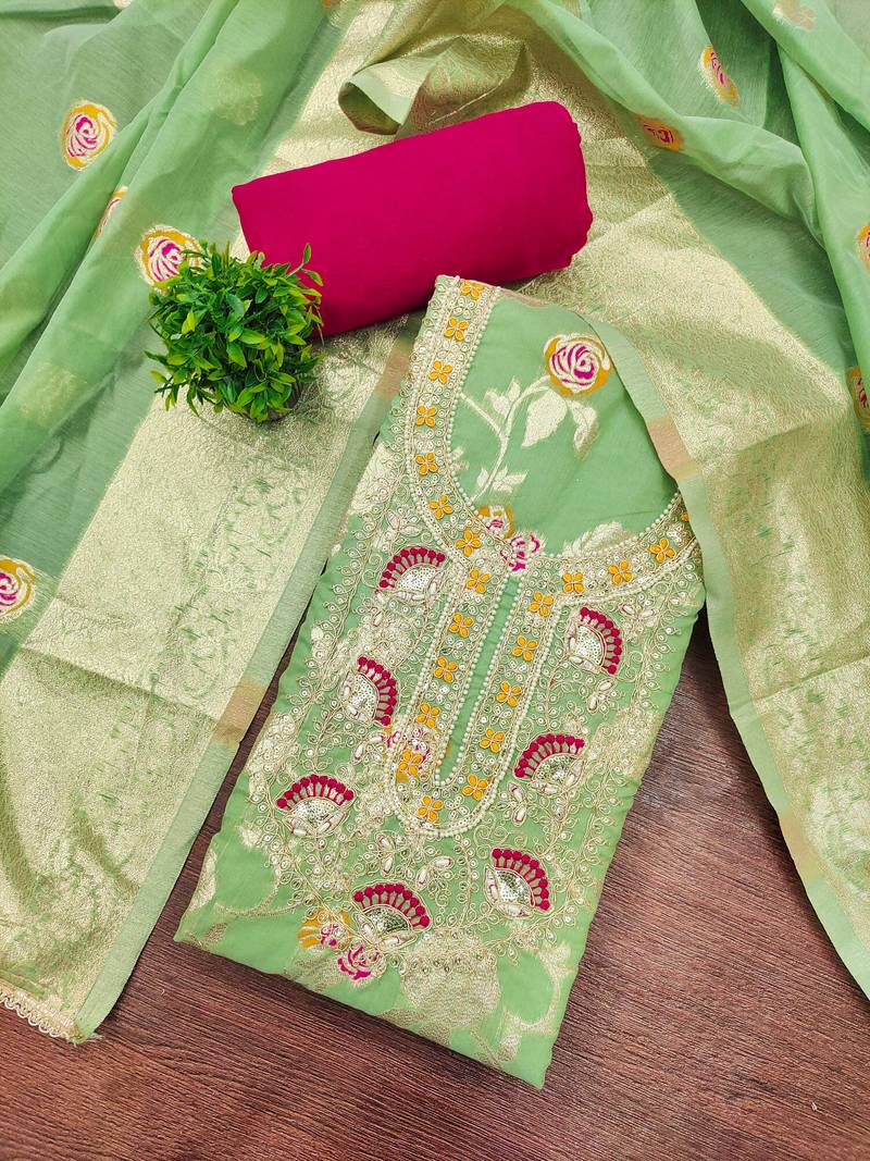 Mint banarasi cotton woven unstitched dress material