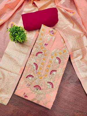 Peach banarasi cotton woven unstitched dress material 1