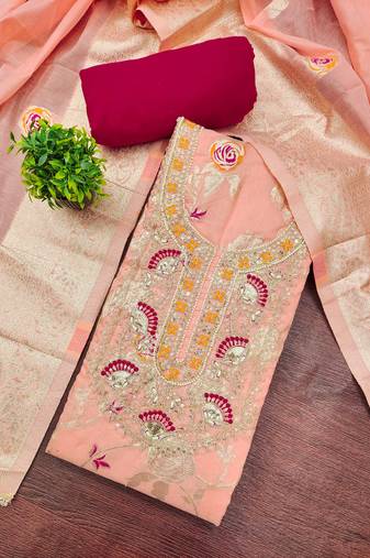 Peach banarasi cotton woven unstitched dress material