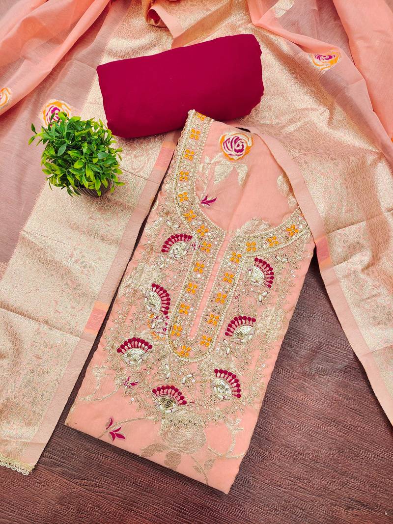 Peach banarasi cotton woven unstitched dress material