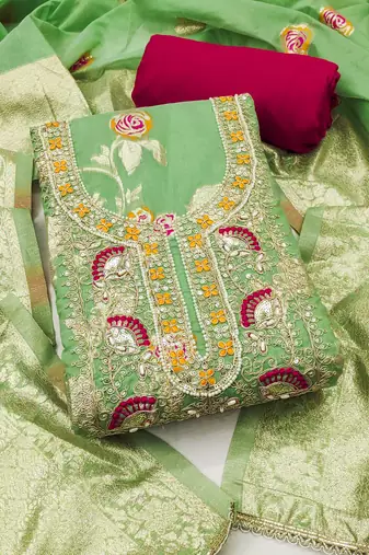 Mint banarasi cotton woven unstitched dress material