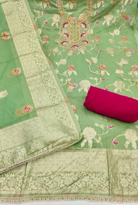Mint banarasi cotton woven unstitched dress material 3