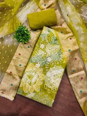 Green modal printed unstitched dress material 1