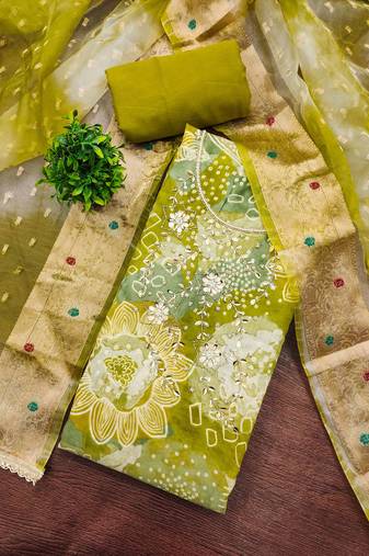 Green modal printed unstitched dress material