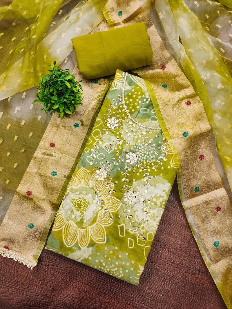 Green modal printed unstitched dress material