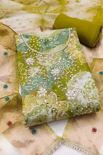 Green modal printed unstitched dress material