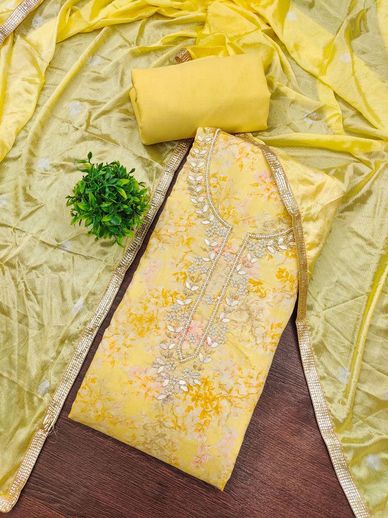 Yellow modal printed unstitched dress material