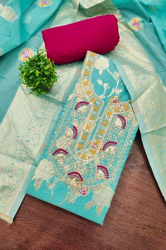 Blue banarasi cotton woven unstitched dress material