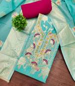 Blue banarasi cotton woven unstitched dress material