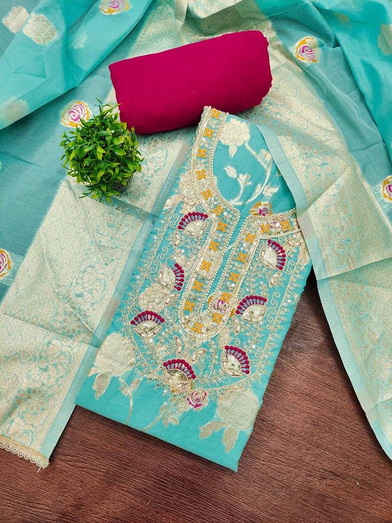 Blue banarasi cotton woven unstitched dress material