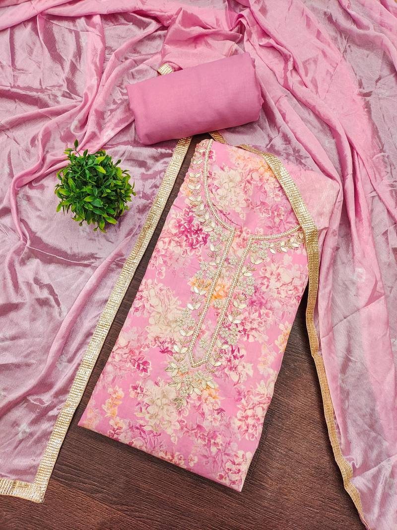 Pink modal printed unstitched dress material