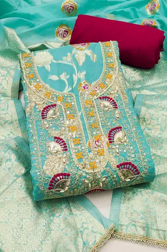 Blue banarasi cotton woven unstitched dress material
