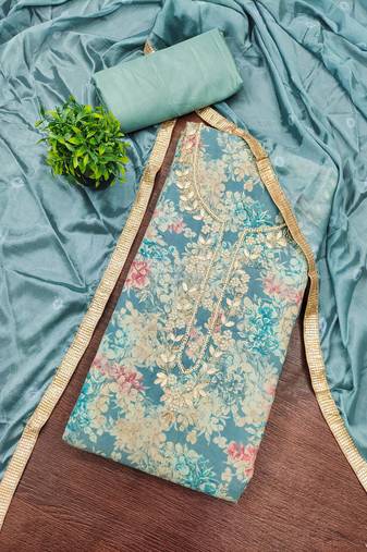 Turquoise modal printed unstitched dress material