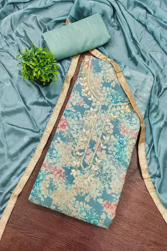 Turquoise modal printed unstitched dress material
