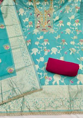 Blue banarasi cotton woven unstitched dress material 3