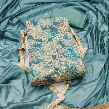 Turquoise modal printed unstitched dress material 2