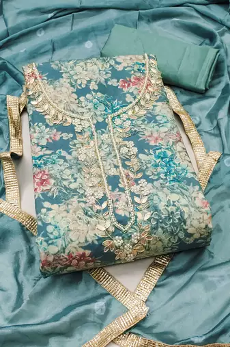 Turquoise modal printed unstitched dress material