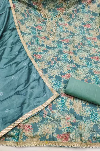 Turquoise modal printed unstitched dress material