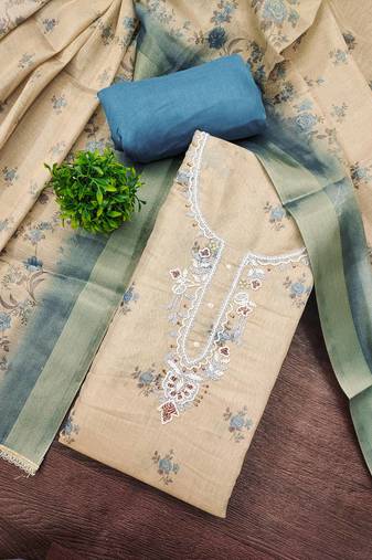 Beige linen cotton printed unstitched dress material