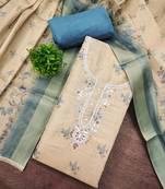 Beige linen cotton printed unstitched dress material